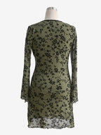 Vintage V Neck Flocked Floral Flare Sleeve Mini Dress For Women 2026