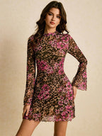 Leopard Floral Slit Flare Sleeve Mini Dress For Women 2026