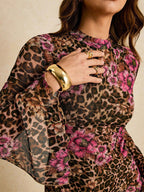 Leopard Floral Slit Flare Sleeve Mini Dress For Women 2026