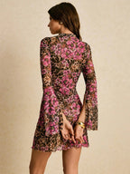 Leopard Floral Slit Flare Sleeve Mini Dress For Women 2026