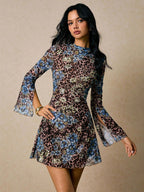 Leopard Floral Slit Flare Sleeve Mini Dress For Women 2026