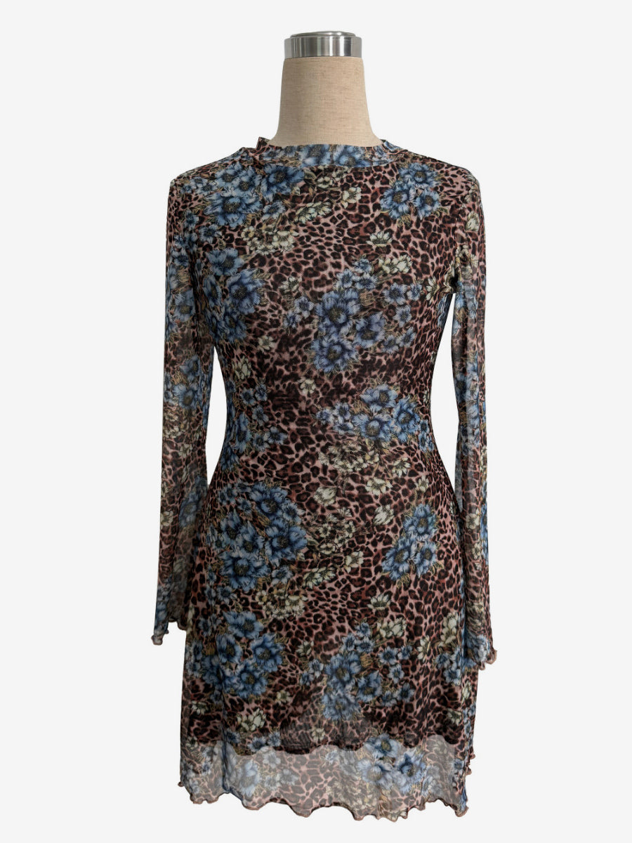 Leopard Floral Slit Flare Sleeve Mini Dress For Women 2026