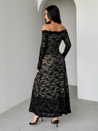 Off Shoulder Lace Long Sleeve Bodycon Maxi Dress For Women 2026