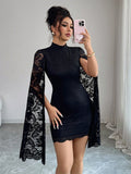 Cape Sleeve High Neck Floral Lace Bodycon Mini Dress For Women 2026