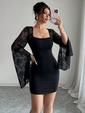 Square Neck Lace Flare Long Sleeve Bodycon Mini Dress For Women 2026