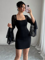 Square Neck Lace Flare Long Sleeve Bodycon Mini Dress For Women 2026