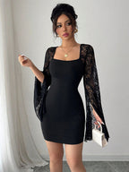 Square Neck Lace Flare Long Sleeve Bodycon Mini Dress For Women 2026