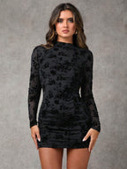 Flocked Floral Cutout Back Long Sleeve Bodycon Mini Dress For Women 2026
