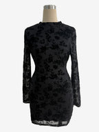Flocked Floral Cutout Back Long Sleeve Bodycon Mini Dress For Women 2026