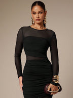 Ruched Mesh Patchwork Long Sleeve Bodycon Maxi Dress For Women 2026