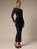 Ruched Mesh Patchwork Long Sleeve Bodycon Maxi Dress For Women 2026