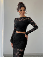 Floral Lace Long Sleeve Crop Top And Midi Skirt Two Piece Set For Women 2026
