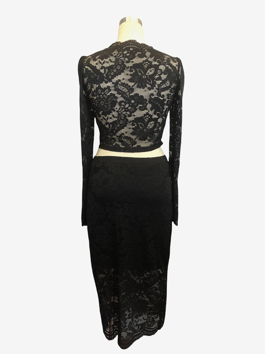 Floral Lace Long Sleeve Crop Top And Midi Skirt Two Piece Set For Women 2026