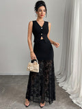 Vest Crop Top And Floral Lace Patchwork Maxi Skirt Two Piece Set For Women 2026
