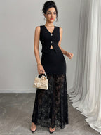 Vest Crop Top And Floral Lace Patchwork Maxi Skirt Two Piece Set For Women 2026