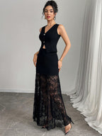 Vest Crop Top And Floral Lace Patchwork Maxi Skirt Two Piece Set For Women 2026
