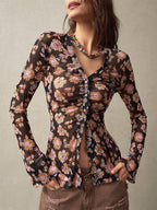 Floral Print Ruched Button Up Long Sleeve Slim Fit Shirt For Women 2026