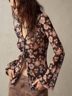 Floral Print Ruched Button Up Long Sleeve Slim Fit Shirt For Women 2026