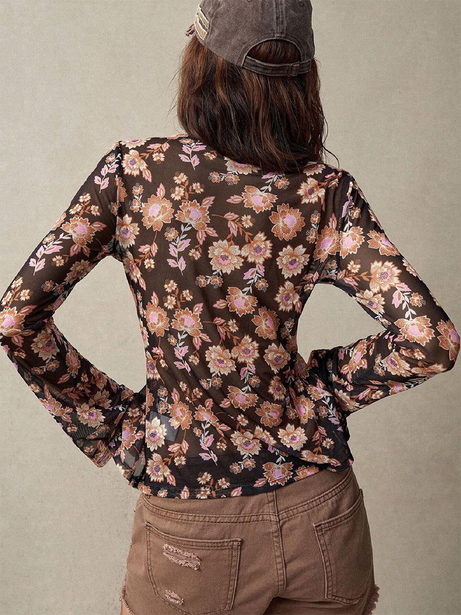 Floral Print Ruched Button Up Long Sleeve Slim Fit Shirt For Women 2026