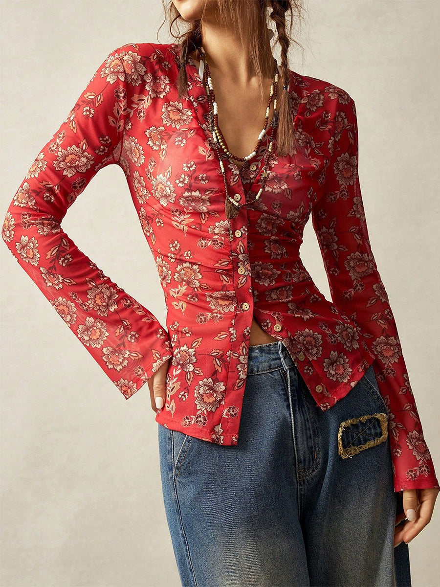Floral Print Ruched Button Up Long Sleeve Slim Fit Shirt For Women 2026
