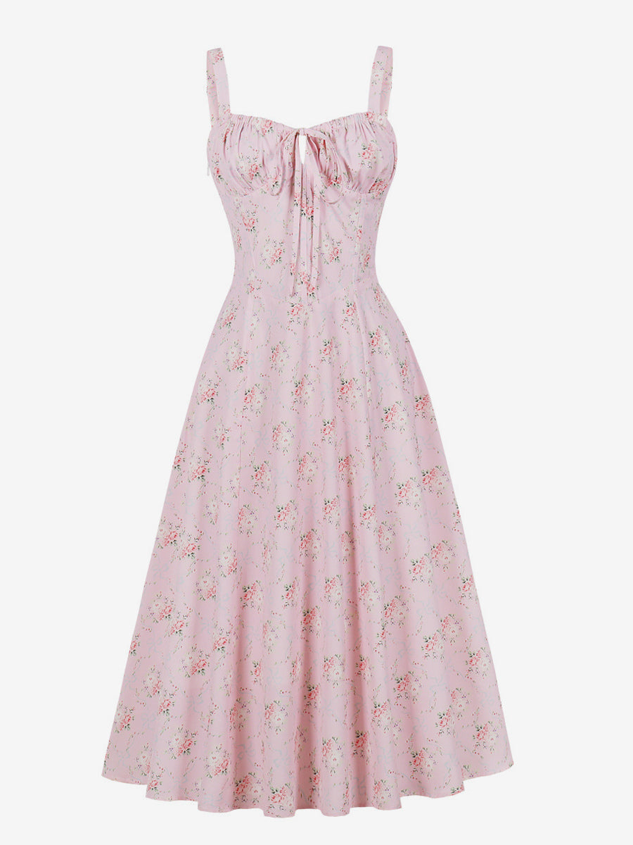 Floral Print Ruched Bust Sleeveless A Line Midi Tea Dress For Women 2026