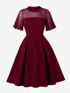 Mesh Patchwork Sheer Sleeve Round Neck Elegant Party Flare Dress For Women 2026