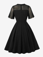 Mesh Patchwork Sheer Sleeve Round Neck Elegant Party Flare Dress For Women 2026