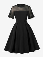 Mesh Patchwork Sheer Sleeve Round Neck Elegant Party Flare Dress For Women 2026