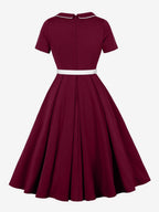 Contrast Piping Bow Neck Button Decor Pleated A Line Swing Dress For Women 2026