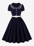 Double Layer Peter Pan Collar Embroidery Puff Sleeve Swing Dress For Women 2026