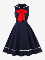 Sailor Collar Bow Knot Sleeveless Retro Swing A-Line Dress For Women 2026