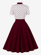 Polka Dot Patchwork Bow Tie Neck Short Sleeve Retro Swing Dress For Women 2026