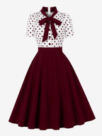 Polka Dot Patchwork Bow Tie Neck Short Sleeve Retro Swing Dress For Women 2026