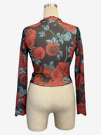 Vintage Rose Floral Print Lettuce Trim Mesh Long Sleeve Skinny Top For Women 2026