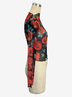 Vintage Rose Floral Print Lettuce Trim Mesh Long Sleeve Skinny Top For Women 2026