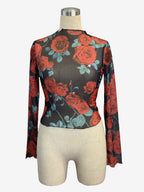 Vintage Rose Floral Print Lettuce Trim Mesh Long Sleeve Skinny Top For Women 2026