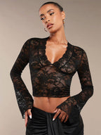Deep V Neck Scalloped Floral Lace Sheer Crop Top For Women 2026