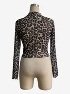 Leopard Print Mock Neck Lettuce Trim Mesh Slim Fit Skinny Top For Women 2026
