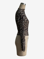 Leopard Print Mock Neck Lettuce Trim Mesh Slim Fit Skinny Top For Women 2026