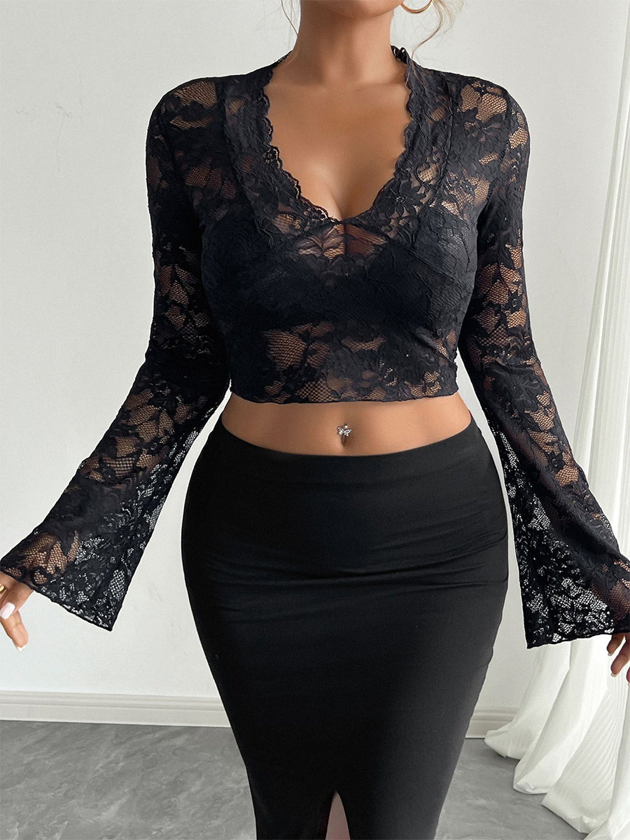 Deep V Neck Scalloped Floral Lace Sheer Crop Top For Women 2026