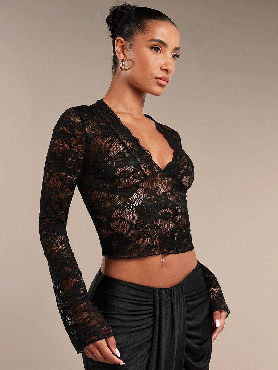 Deep V Neck Scalloped Floral Lace Sheer Crop Top For Women 2026