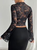 Deep V Neck Scalloped Floral Lace Sheer Crop Top For Women 2026