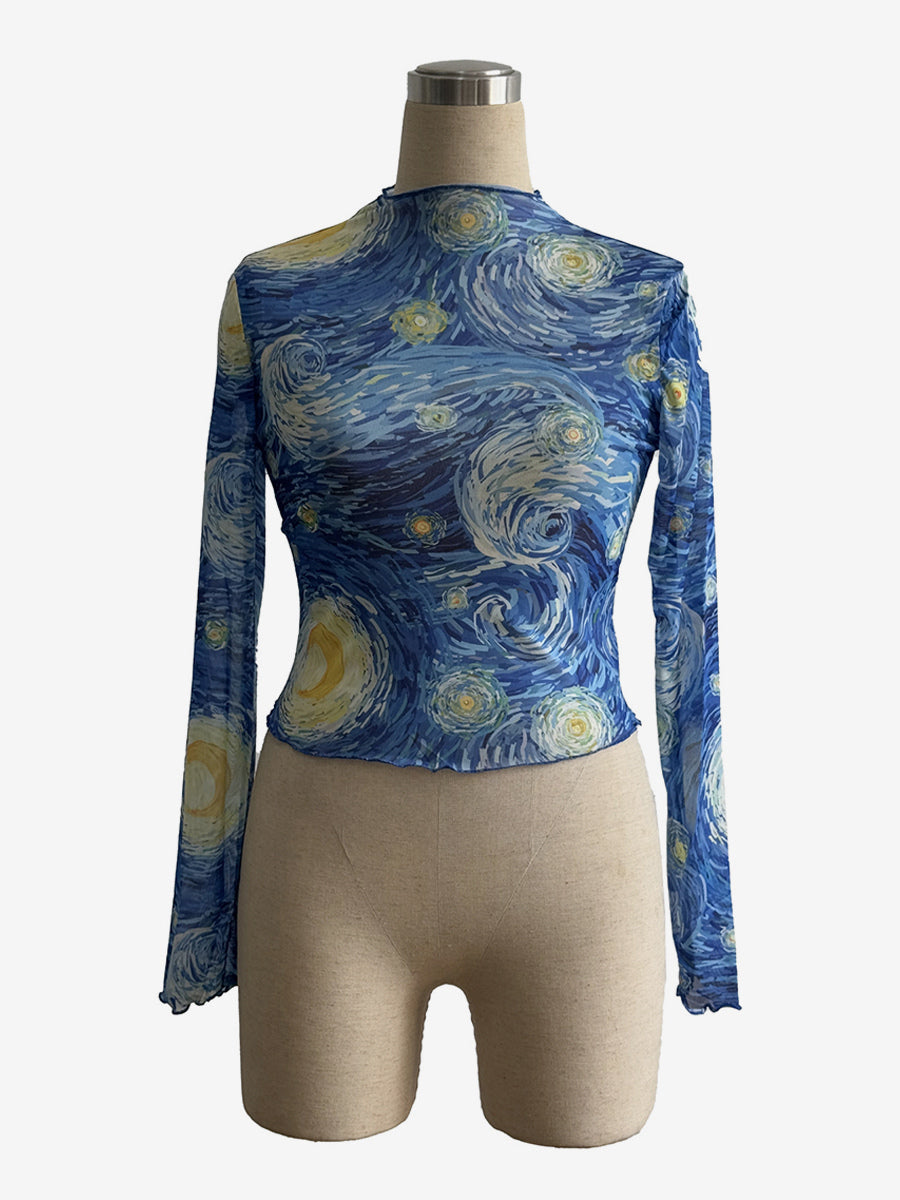 Starry Night Art Print Mock Neck Lettuce Trim Mesh Slim Top For Women 2026