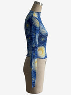 Starry Night Art Print Mock Neck Lettuce Trim Mesh Slim Top For Women 2026