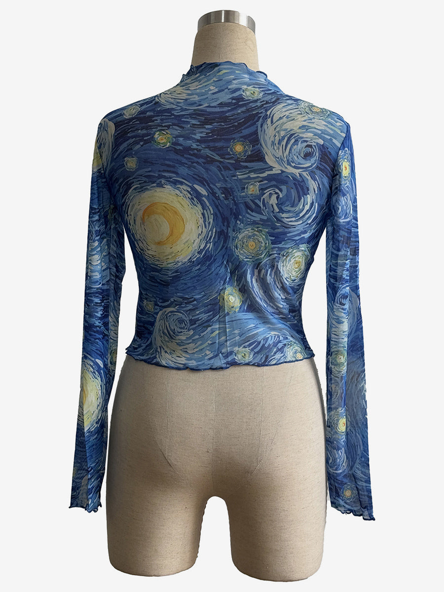 Starry Night Art Print Mock Neck Lettuce Trim Mesh Slim Top For Women 2026