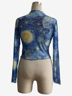 Starry Night Art Print Mock Neck Lettuce Trim Mesh Slim Top For Women 2026