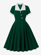 Contrast Lapel Collar Short Sleeve Retro Swing Dress For Women 2026