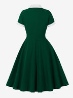 Contrast Lapel Collar Short Sleeve Retro Swing Dress For Women 2026