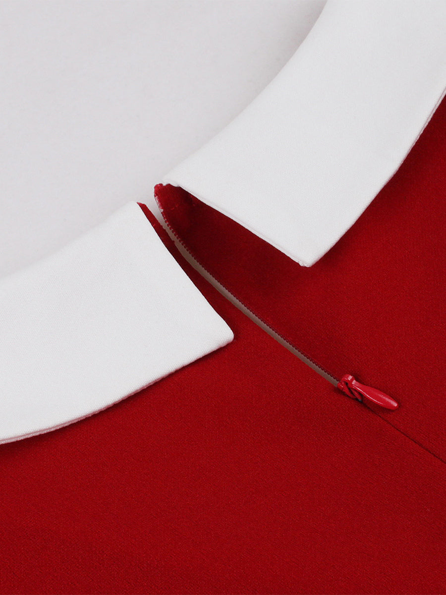 V Neck Contrast Lapel Ruched Retro A-line Swing Dress For Women 2026
