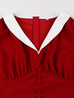 V Neck Contrast Lapel Ruched Retro A-line Swing Dress For Women 2026